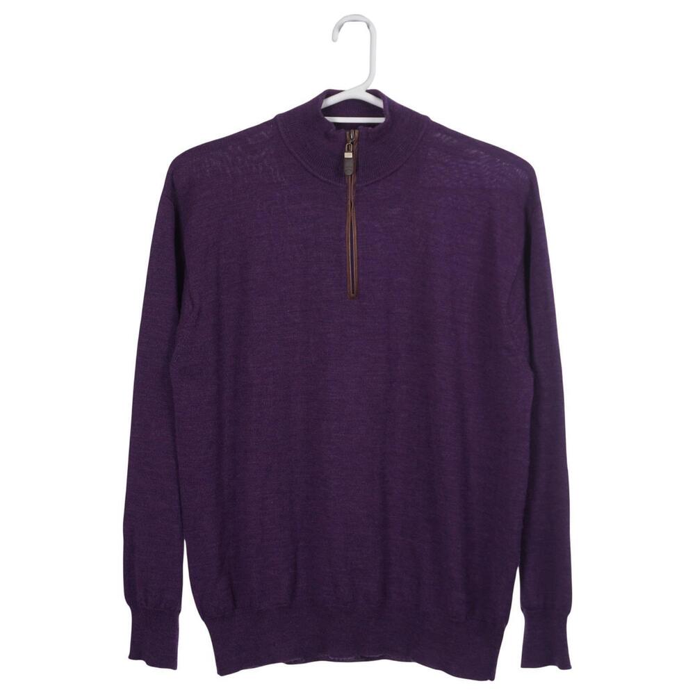 Orvis Sweater Men L Purple Merino Wool Knit 1/4 Zip Pullover Long Sleeve